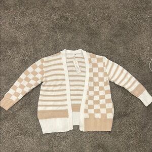 Mikarose Tan and Cream Cardigan Sweater with Geometric Patterns